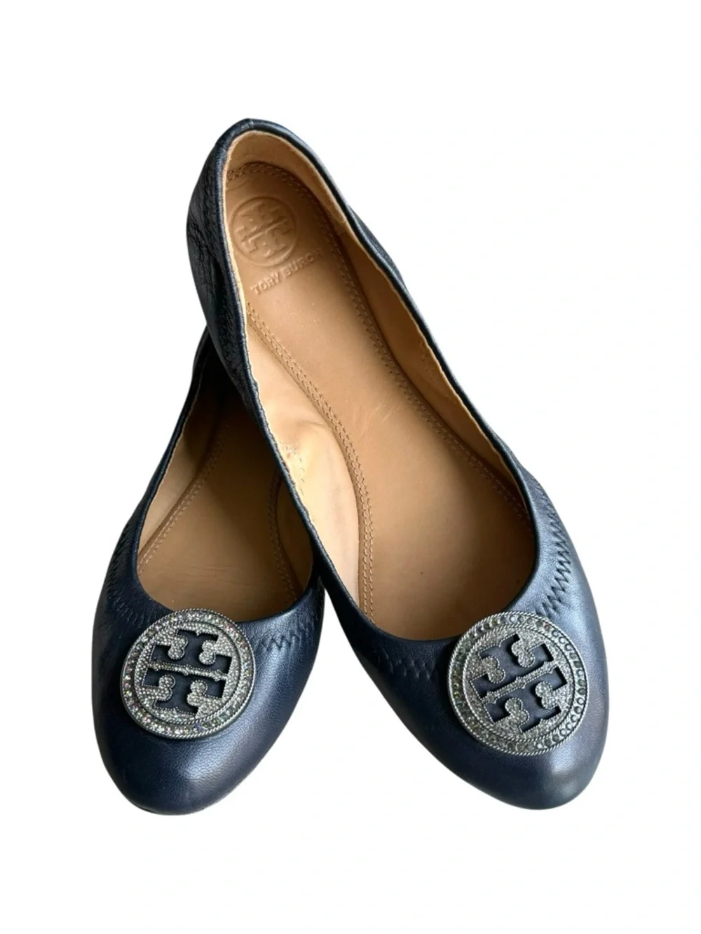 Tory Burch Liana Flats Crystal Embellished Navy Nappa Leather